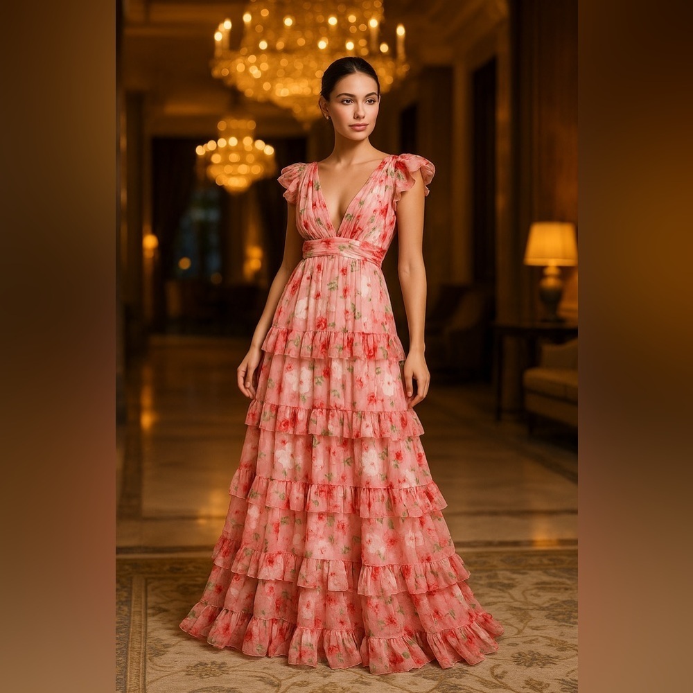 Mac Duggal Pink Floral Tiered Maxi Gown